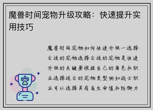 魔兽时间宠物升级攻略：快速提升实用技巧